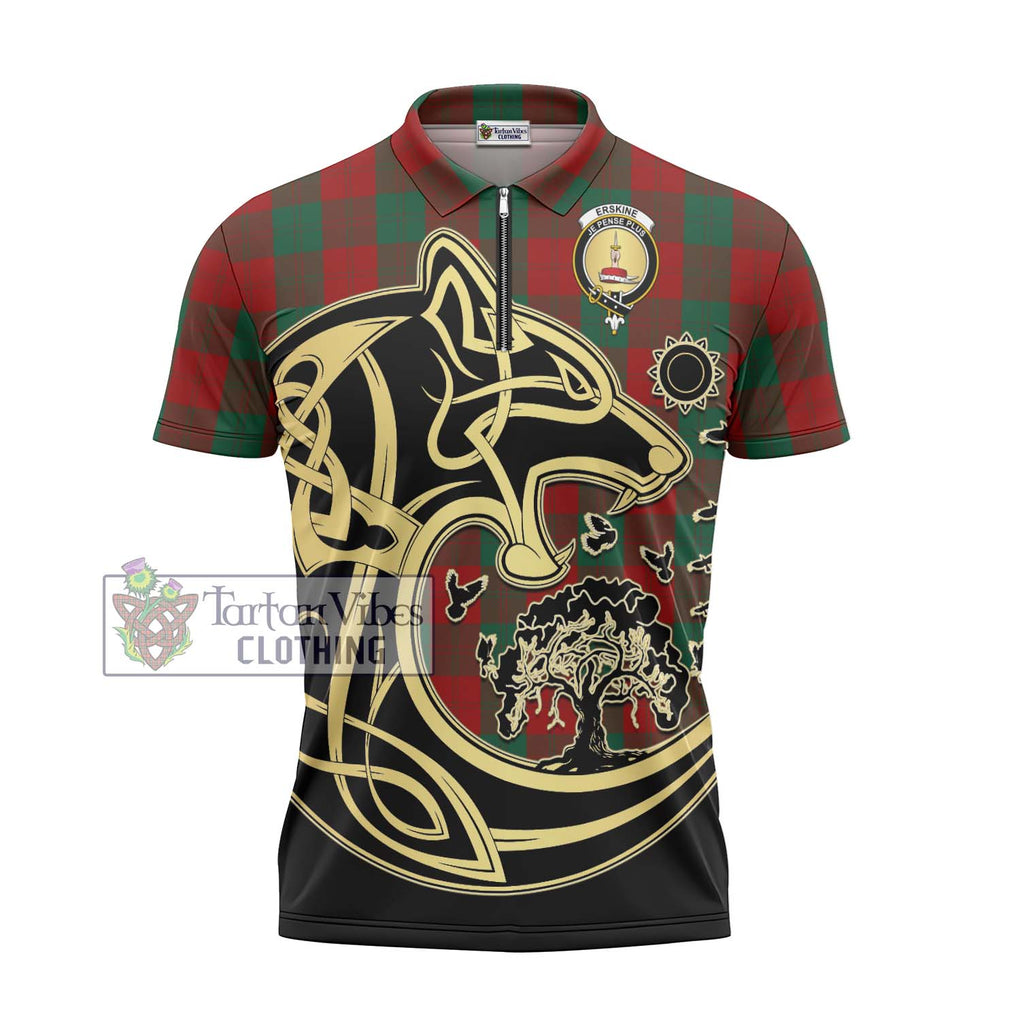 Erskine Tartan Zipper Polo Shirt with Family Crest Celtic Wolf Style - Tartanvibesclothing Shop