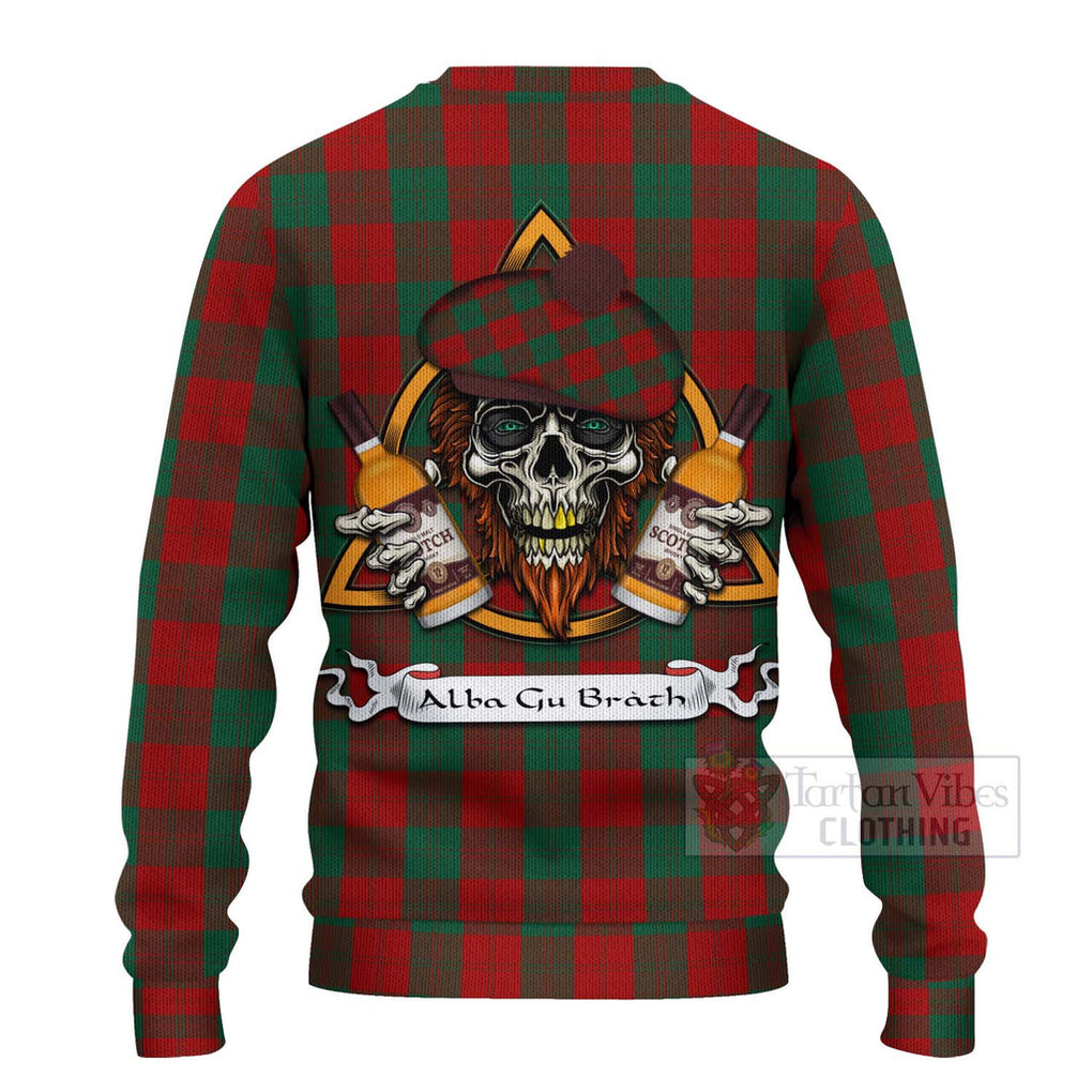 Tartan Vibes Clothing Erskine Tartan Knitted Sweater with Family Crest and Bearded Skull Holding Bottles of Whiskey