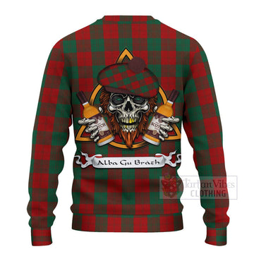 Erskine Tartan Ugly Sweater with Family Crest and Bearded Skull Holding Bottles of Whiskey