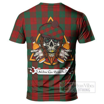 Erskine Tartan T-Shirt with Family Crest and Bearded Skull Holding Bottles of Whiskey