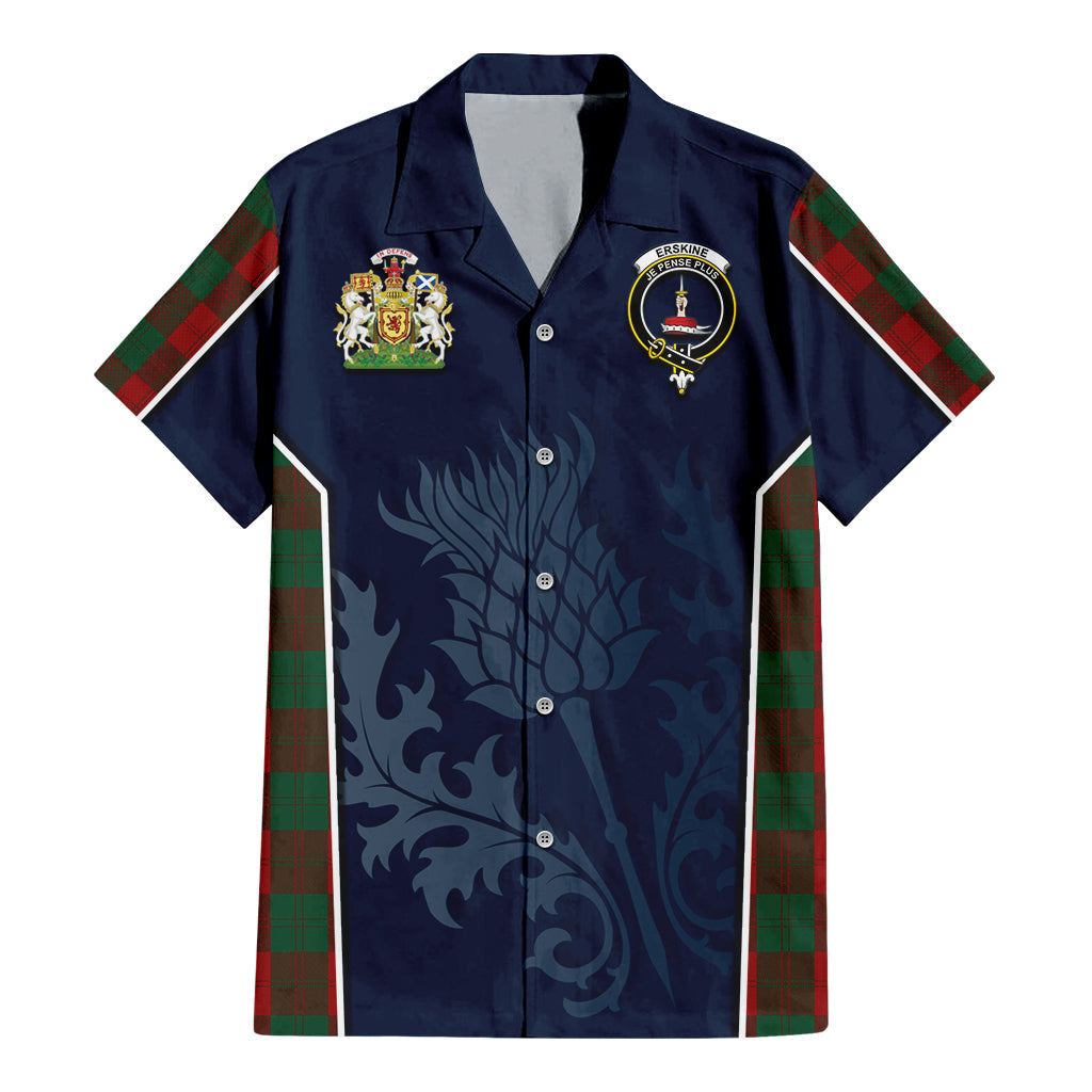 Tartan Vibes Clothing Erskine Tartan Short Sleeve Button Up Shirt with Family Crest and Scottish Thistle Vibes Sport Style