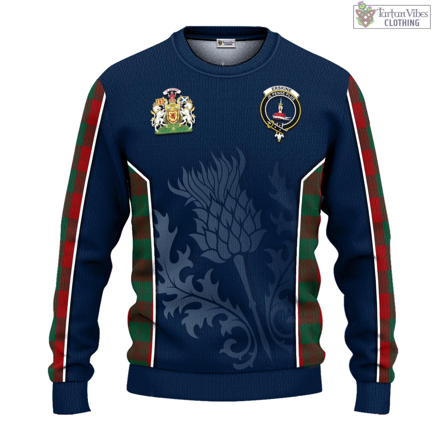 Tartan Vibes Clothing Erskine Tartan Knitted Sweatshirt with Family Crest and Scottish Thistle Vibes Sport Style