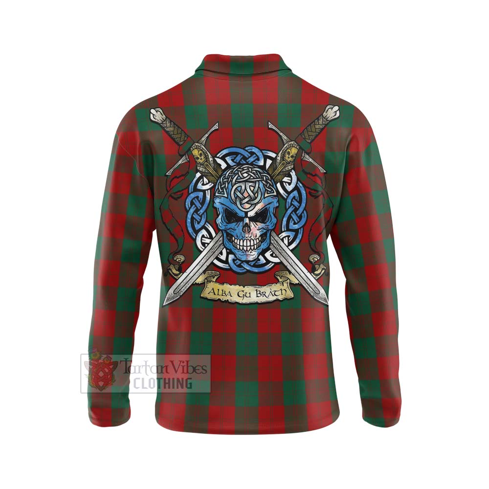 Tartan Vibes Clothing Erskine Tartan Long Sleeve Polo Shirt with Family Crest Celtic Skull Style