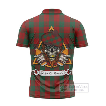 Erskine Tartan Zipper Polo Shirt with Family Crest and Bearded Skull Holding Bottles of Whiskey