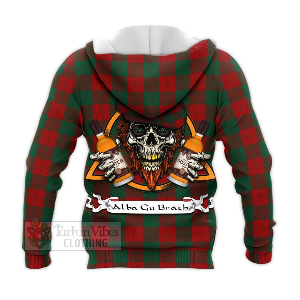 Tartan Vibes Clothing Erskine Tartan Knitted Hoodie with Family Crest and Bearded Skull Holding Bottles of Whiskey