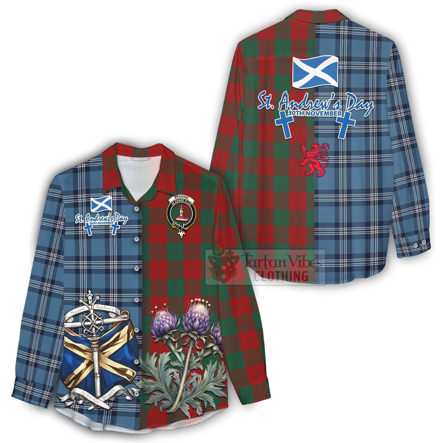 Tartan Vibes Clothing Erskine Tartan Women's Casual Shirt Happy St. Andrew's Day Half Tartan Style