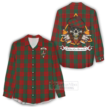 Erskine Tartan Women's Casual Shirt with Family Crest and Bearded Skull Holding Bottles of Whiskey