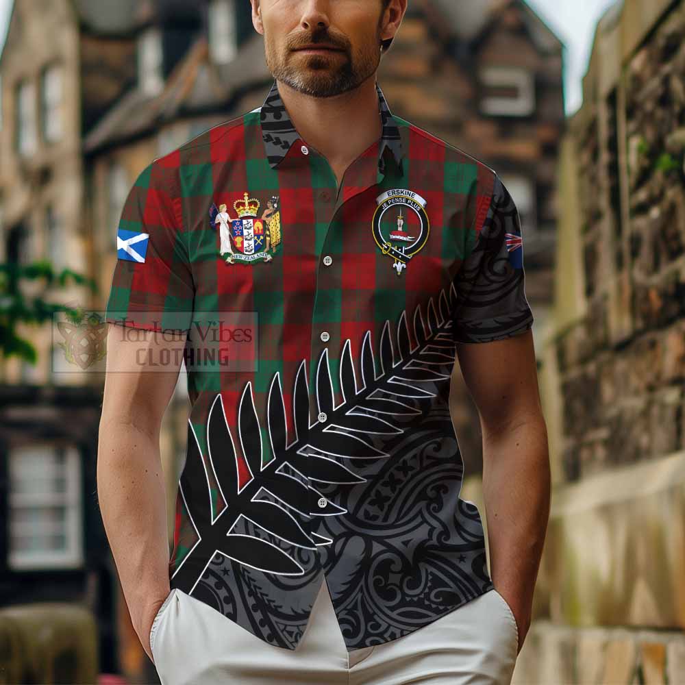 Tartan Vibes Clothing Erskine Crest Tartan Short Sleeve Button Shirt with New Zealand Silver Fern Half Style