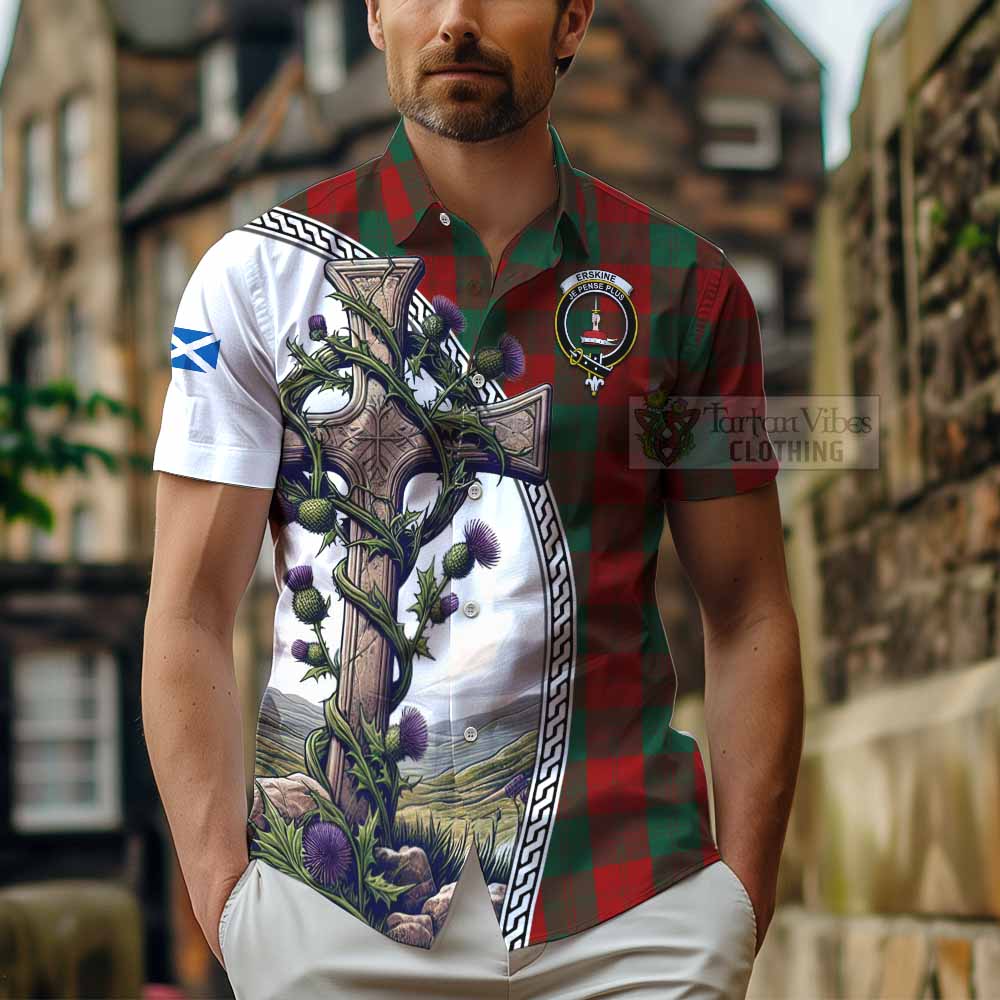 Tartan Vibes Clothing Erskine Tartan Short Sleeve Button Shirt with Family Crest and St. Andrew's Cross Accented by Thistle Vines