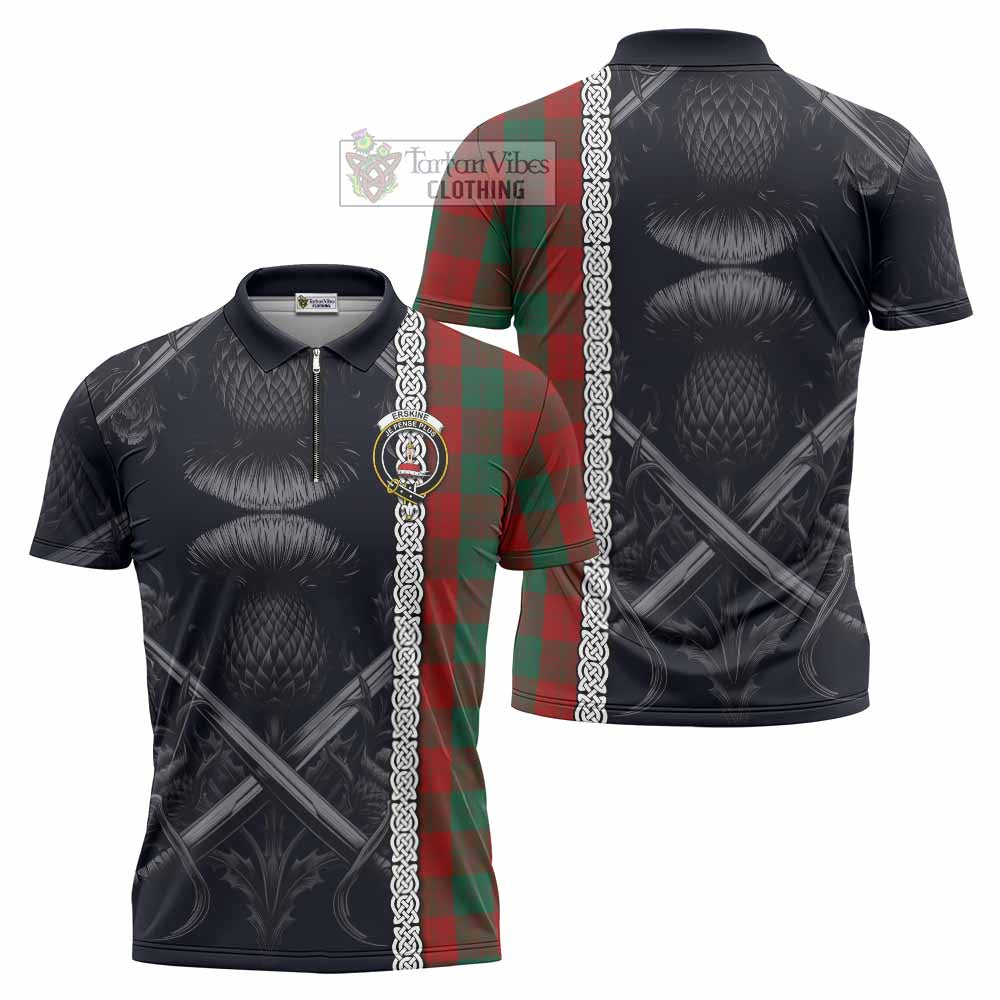 Tartan Vibes Clothing Erskine Tartan Zipper Polo Shirt with Family Crest Cross Sword Thistle Celtic Vibes