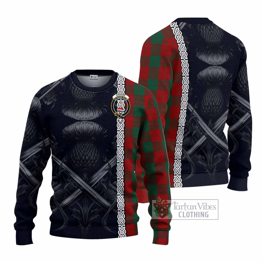 Tartan Vibes Clothing Erskine Tartan Knitted Sweater with Family Crest Cross Sword Thistle Celtic Vibes