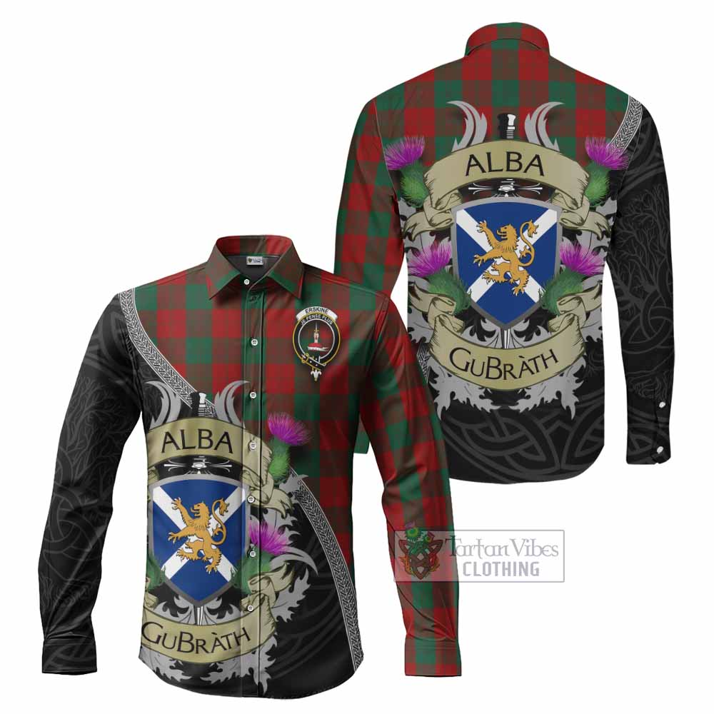 Erskine Tartan Family Crest Long Sleeve Button Shirt Lion Rampant Royal Thistle Shield Celtic Inspired - Tartan Vibes Clothing