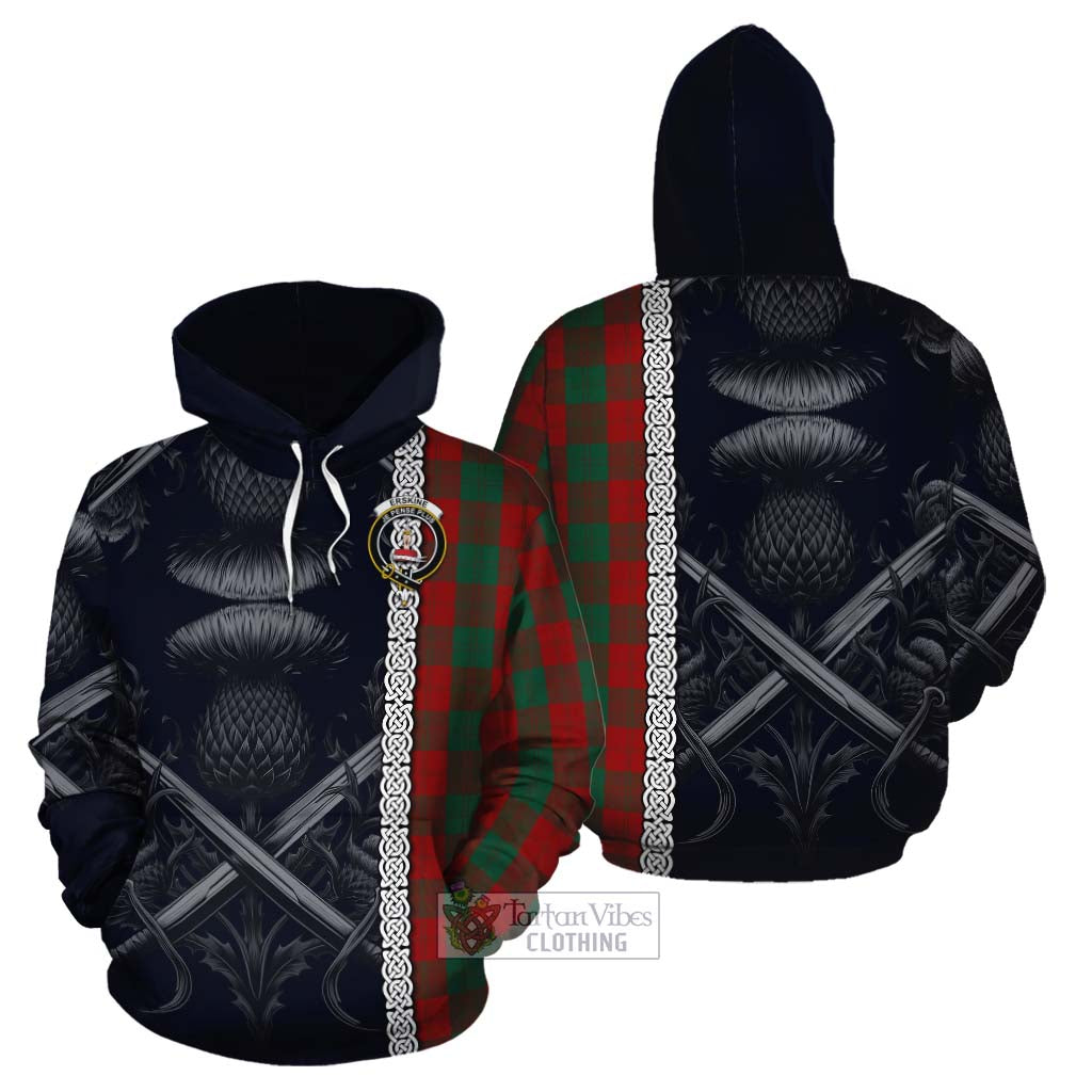 Tartan Vibes Clothing Erskine Tartan Cotton Hoodie with Family Crest Cross Sword Thistle Celtic Vibes