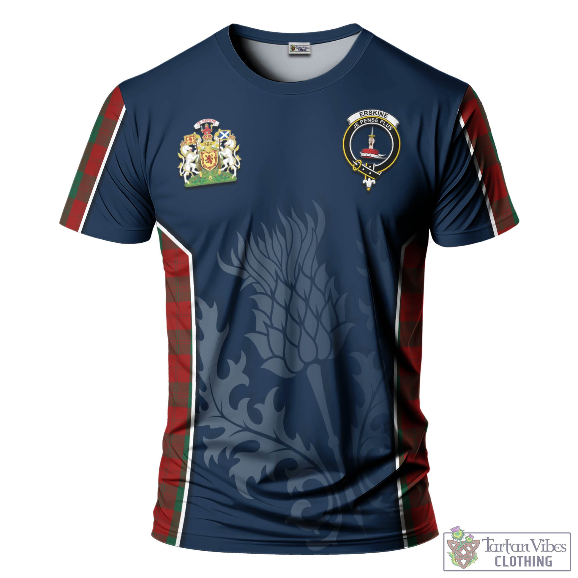 Tartan Vibes Clothing Erskine Tartan T-Shirt with Family Crest and Scottish Thistle Vibes Sport Style