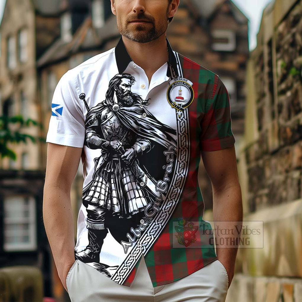 Tartan Vibes Clothing Erskine Tartan Clan Crest Short Sleeve Button Shirt with Highlander Warrior Celtic Style