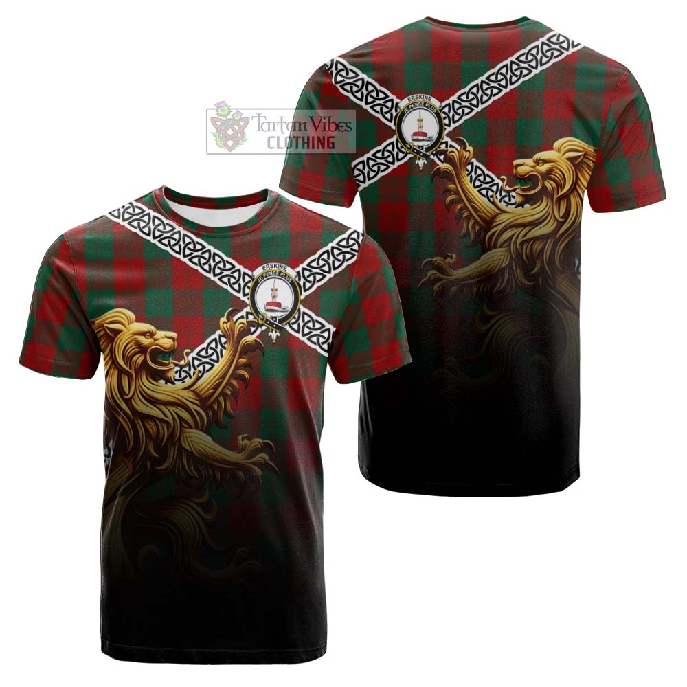 Erskine Crest Tartan Cotton T-shirt with Golden Lion Emblem Celtic Style - Tartan Vibes Clothing