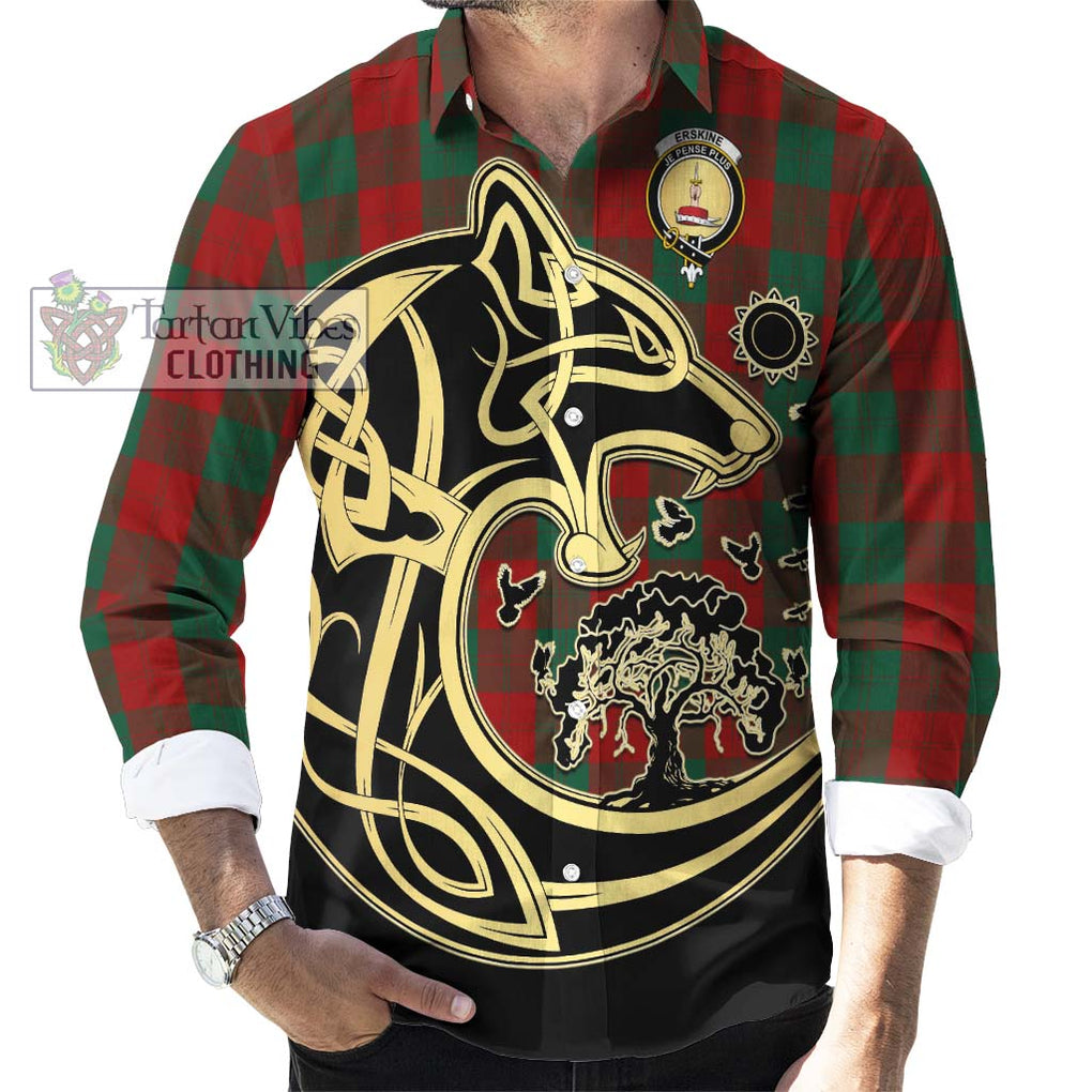 Erskine Tartan Long Sleeve Button Shirt with Family Crest Celtic Wolf Style - Tartan Vibes Clothing