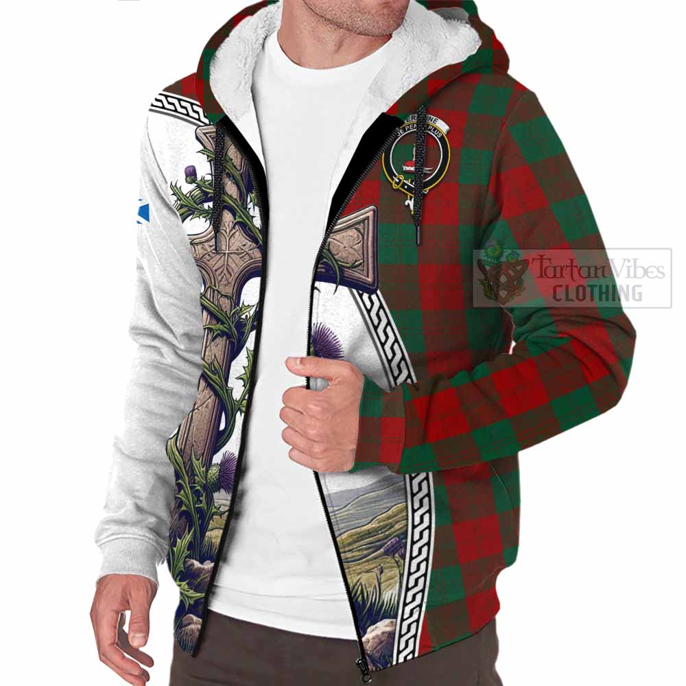 Tartan Vibes Clothing Erskine Tartan Sherpa Hoodie with Family Crest and St. Andrew's Cross Accented by Thistle Vines