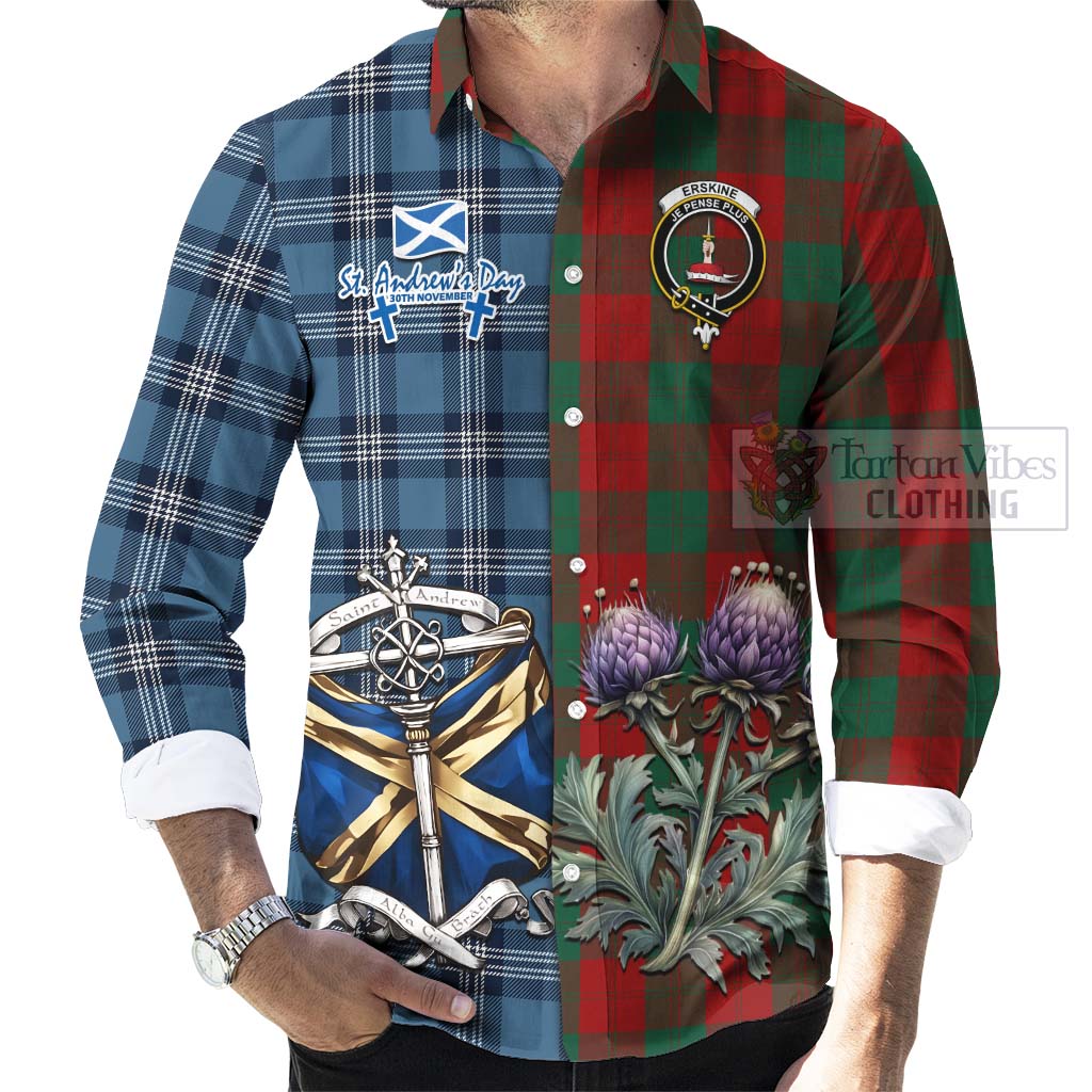 Tartan Vibes Clothing Erskine Tartan Long Sleeve Button Shirt Happy St. Andrew's Day Half Tartan Style