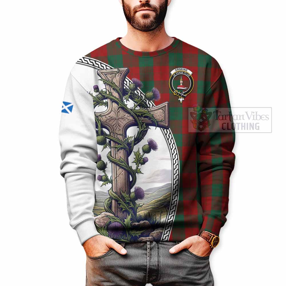 Tartan Vibes Clothing Erskine Tartan Sweatshirt with Family Crest and St. Andrew's Cross Accented by Thistle Vines