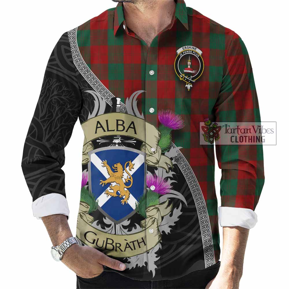 Erskine Tartan Family Crest Long Sleeve Button Shirt Lion Rampant Royal Thistle Shield Celtic Inspired - Tartan Vibes Clothing