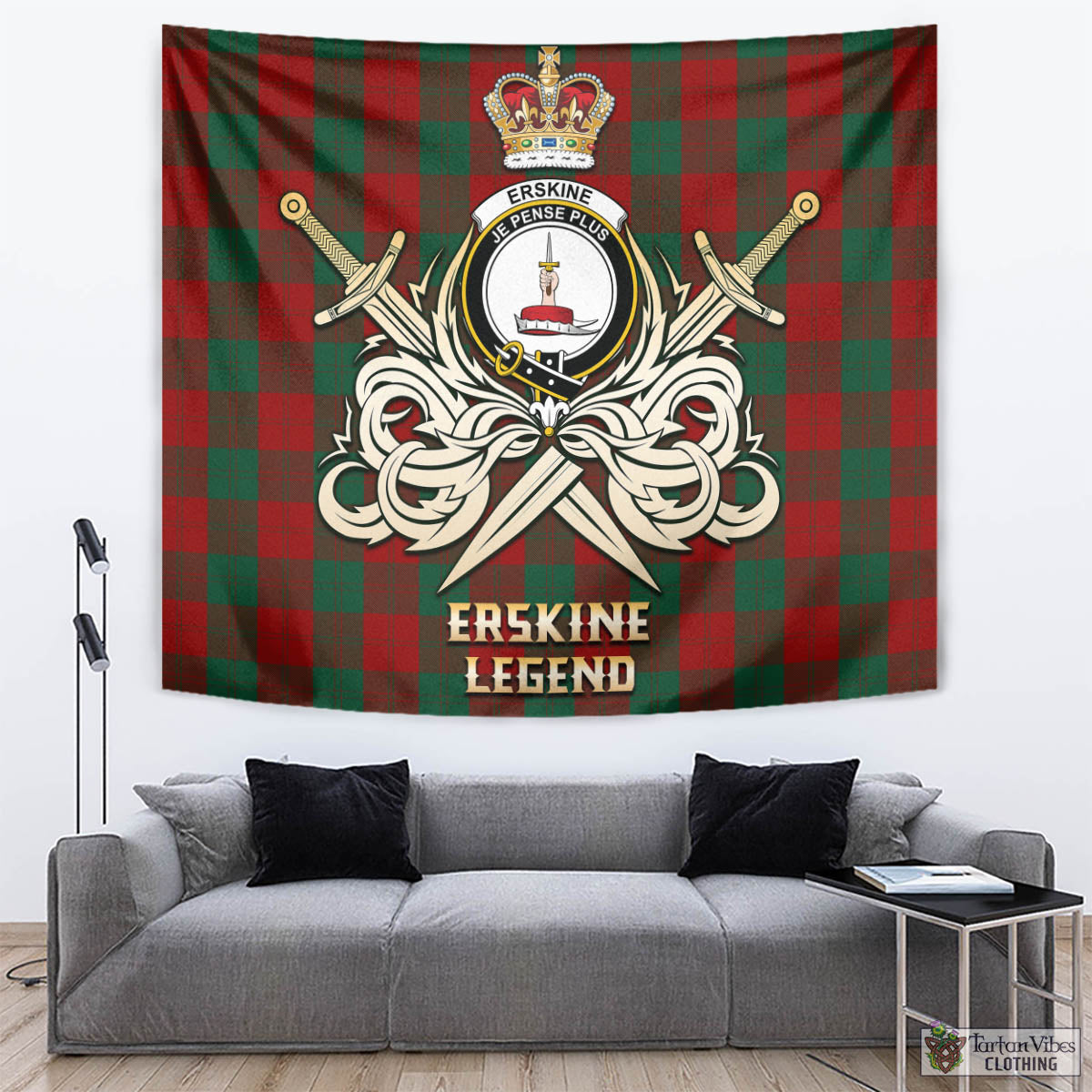 Tartan Vibes Clothing Erskine Tartan Tapestry with Clan Crest and the Golden Sword of Courageous Legacy