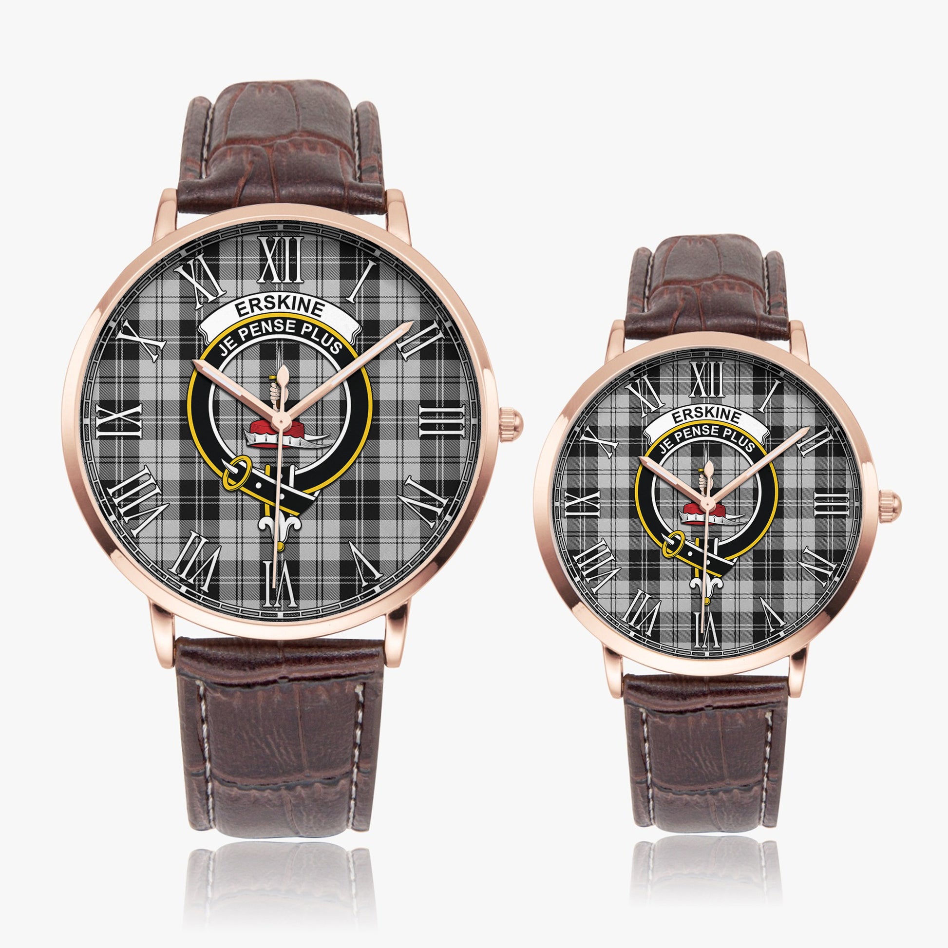 Erskine Black and White Tartan Family Crest Leather Strap Quartz Watch - Tartanvibesclothing