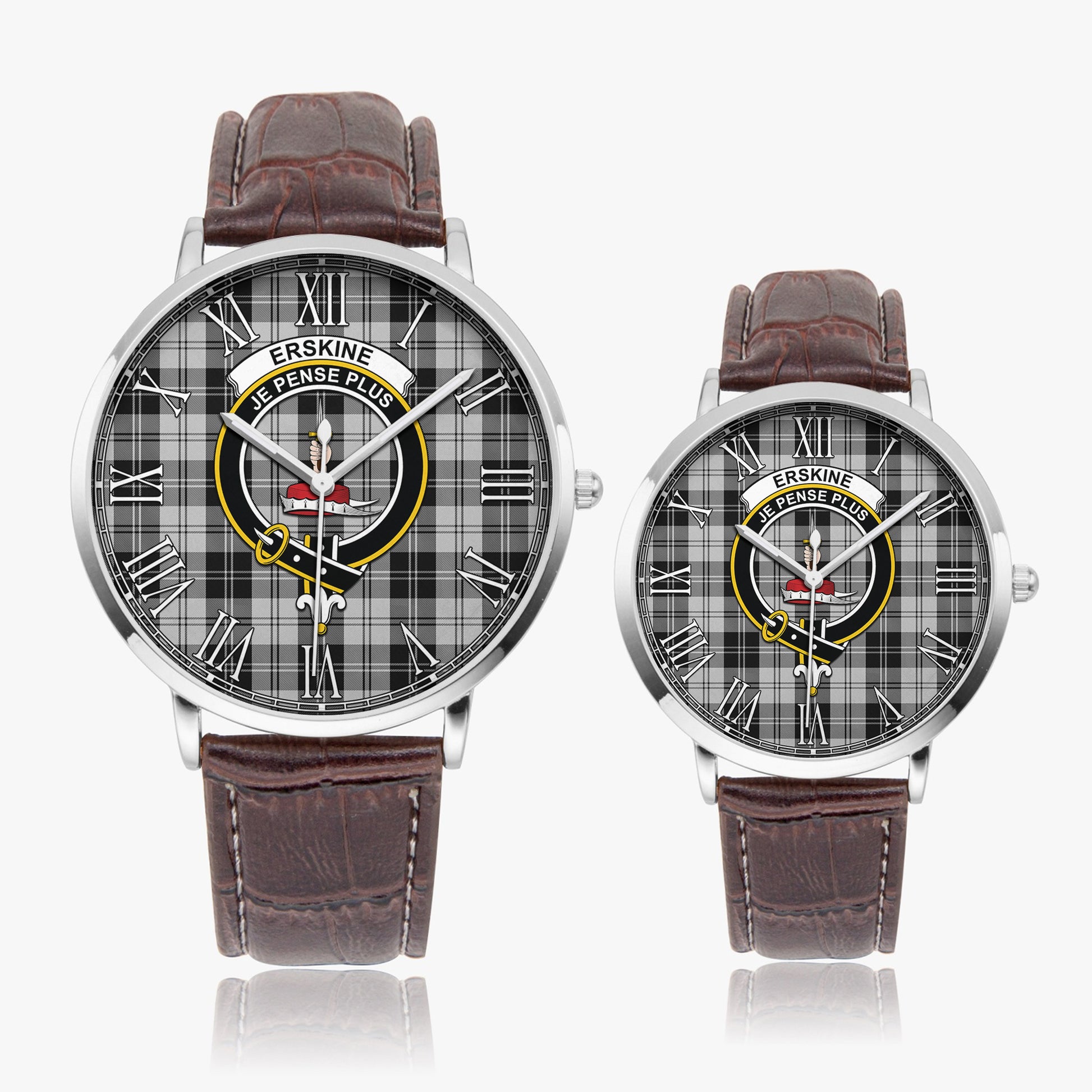 Erskine Black and White Tartan Family Crest Leather Strap Quartz Watch - Tartanvibesclothing