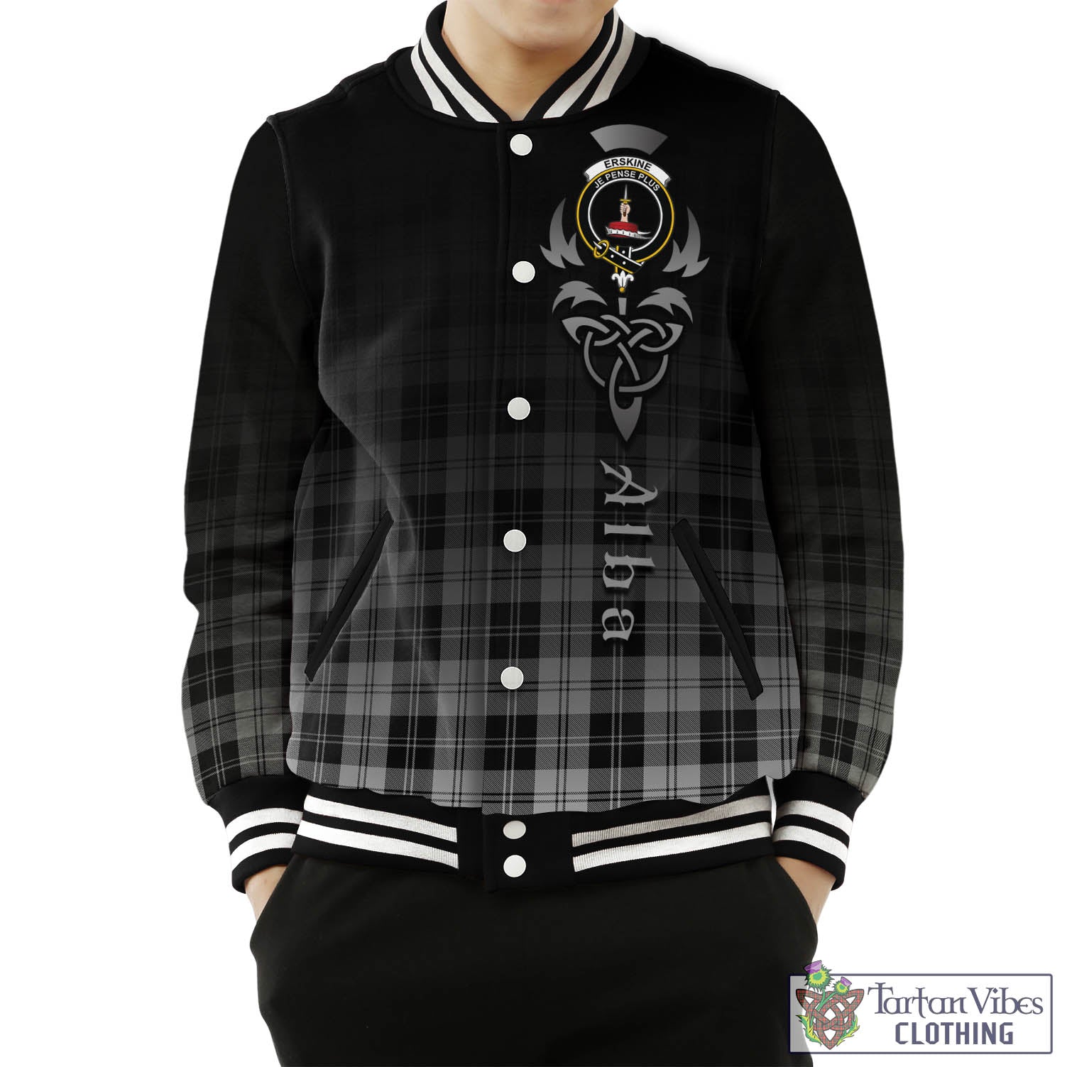 Tartan Vibes Clothing Erskine Black and White Tartan Baseball Jacket Featuring Alba Gu Brath Family Crest Celtic Inspired