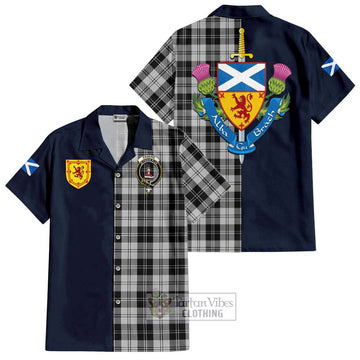 Erskine Black and White Tartan Short Sleeve Button Shirt Alba with Scottish Lion Royal Arm Half Style