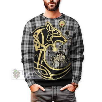 Erskine Black and White Tartan Sweatshirt with Family Crest Celtic Wolf Style