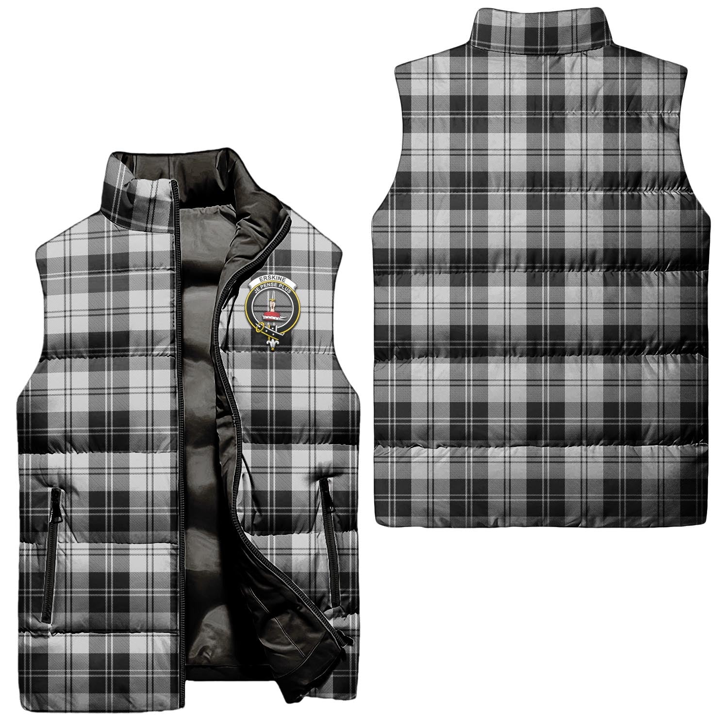 Erskine Black and White Tartan Sleeveless Puffer Jacket with Family Crest Unisex - Tartanvibesclothing