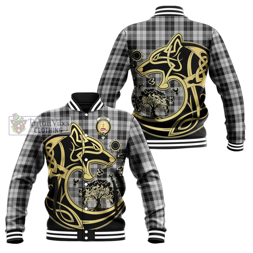 Erskine Black and White Tartan Baseball Jacket with Family Crest Celtic Wolf Style Unisex - Tartan Vibes Clothing