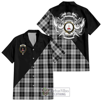 Erskine Black and White Tartan Short Sleeve Button Shirt with Family Crest and Military Logo Style