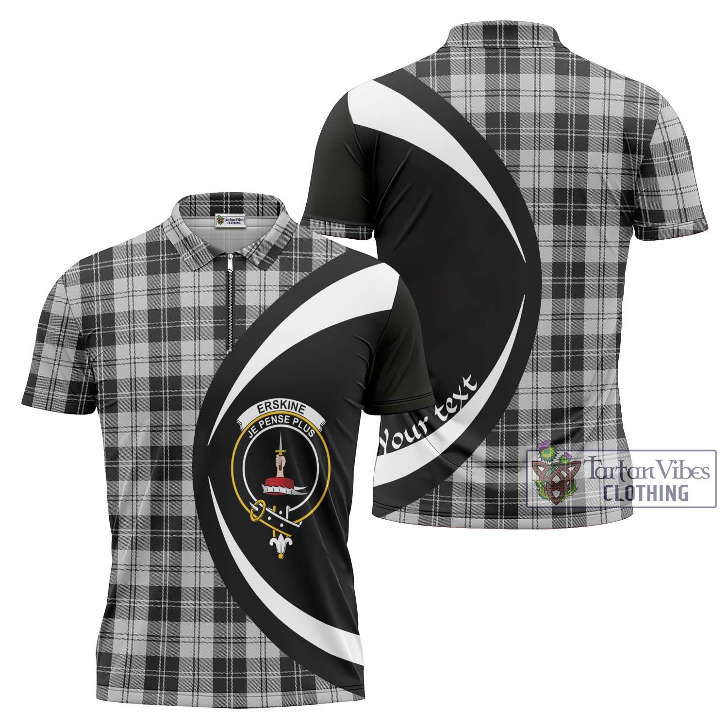 Tartan Vibes Clothing Erskine Black and White Tartan Zipper Polo Shirt with Family Crest Circle Style