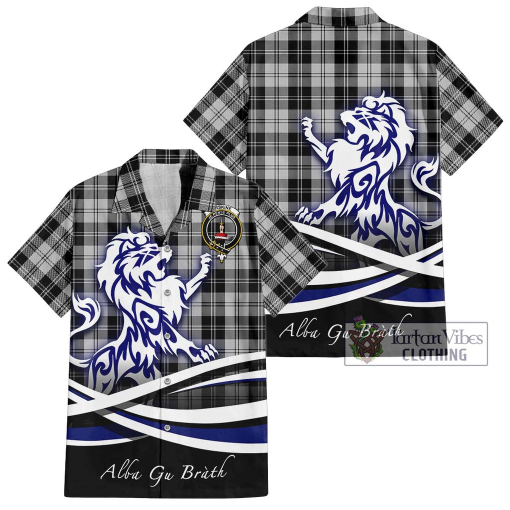 Erskine Black and White Tartan Short Sleeve Button Shirt with Alba Gu Brath Regal Lion Emblem Kid - Tartanvibesclothing Shop