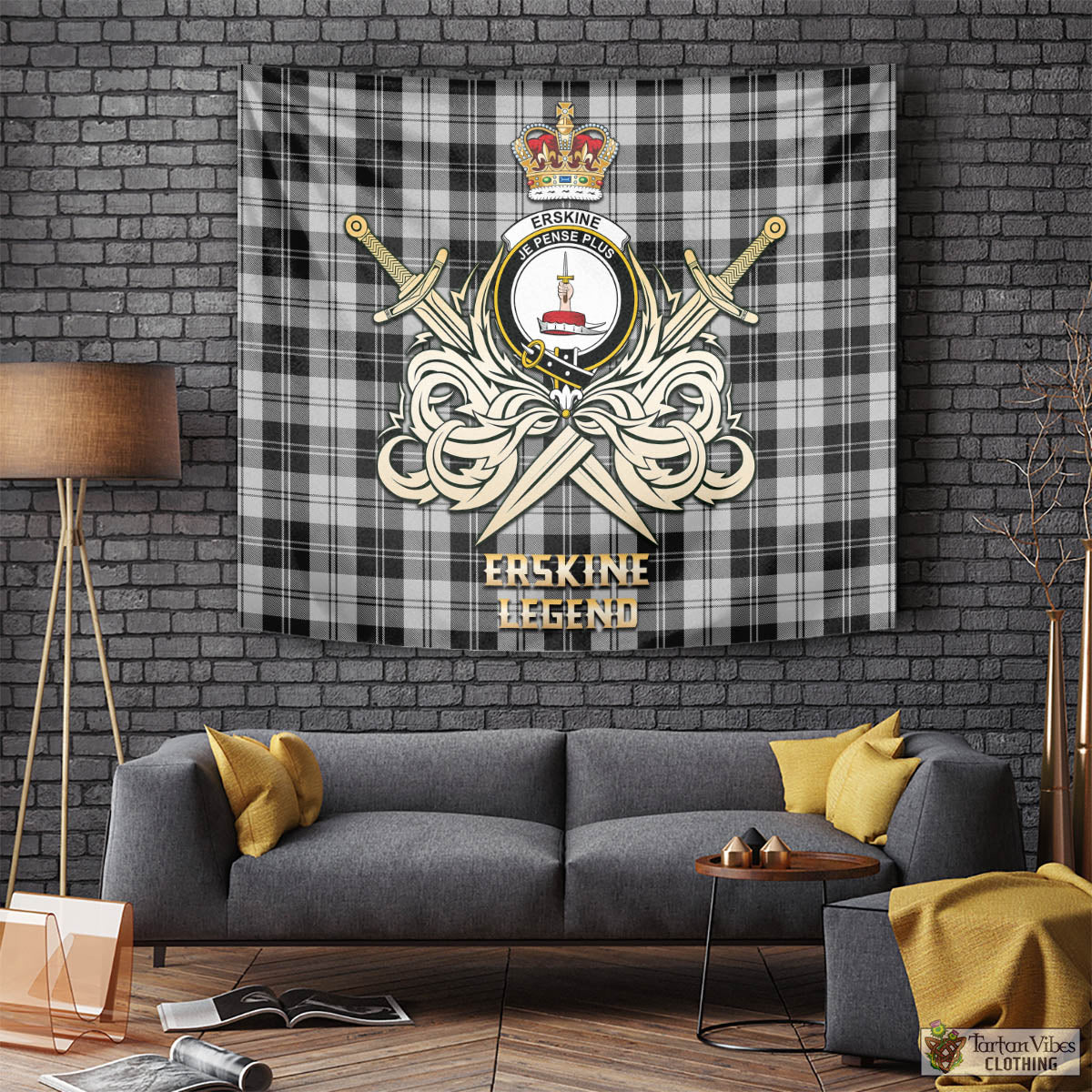 Tartan Vibes Clothing Erskine Black and White Tartan Tapestry with Clan Crest and the Golden Sword of Courageous Legacy