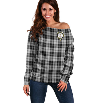 Erskine Black and White Tartan Off Shoulder Women Sweater with Family Crest