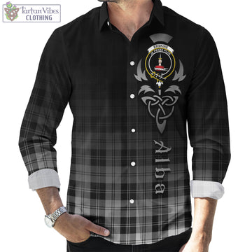 Erskine Black and White Tartan Long Sleeve Button Up Featuring Alba Gu Brath Family Crest Celtic Inspired