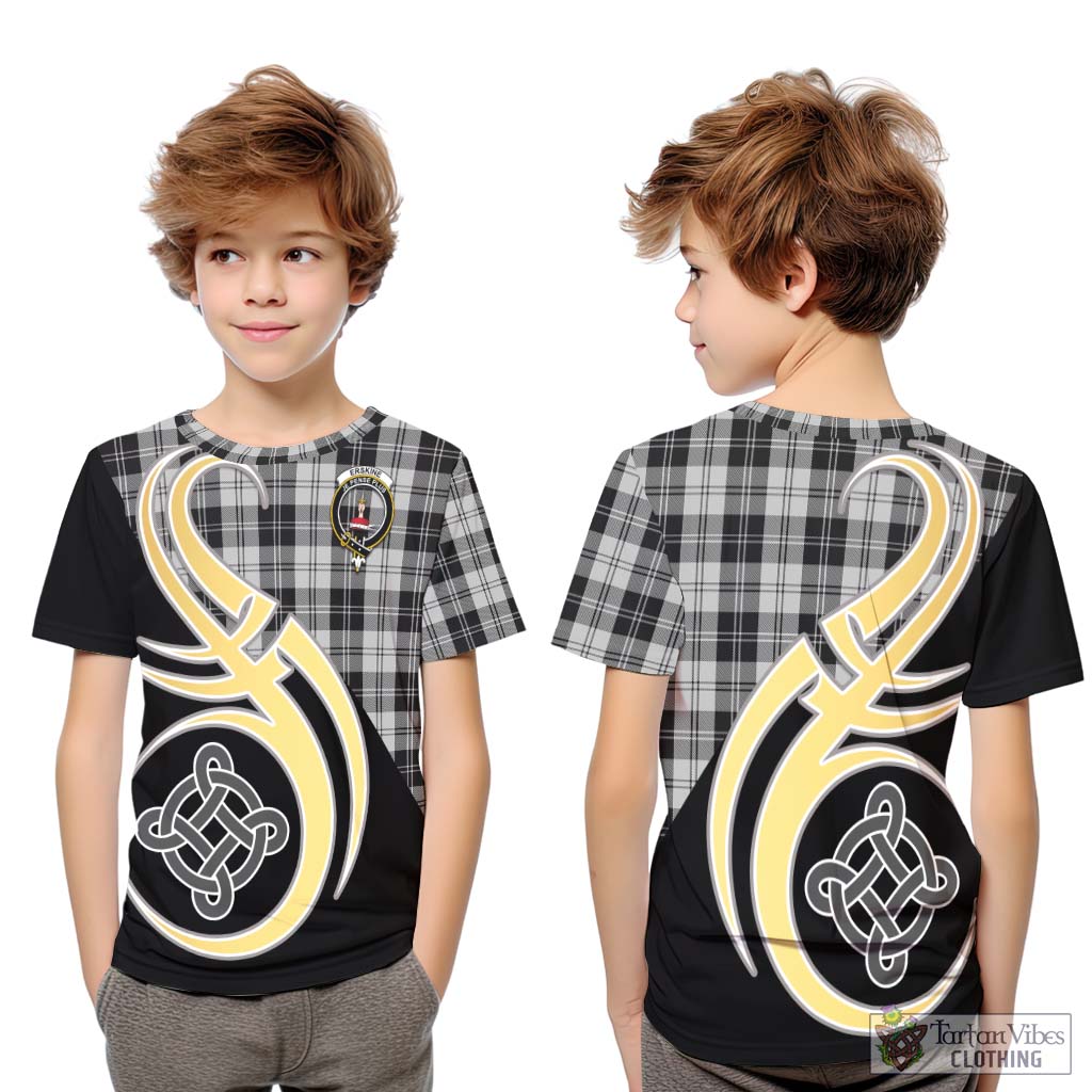 Erskine Black and White Tartan Kid T-Shirt with Family Crest and Celtic Symbol Style Youth XL Size14 - Tartan Vibes Clothing