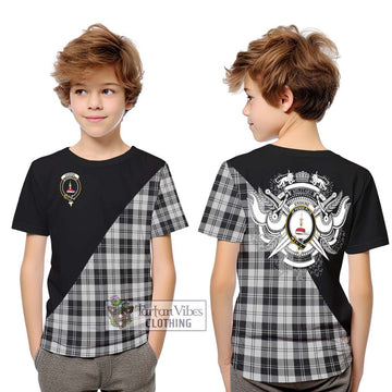 Erskine Black and White Tartan Kid T-Shirt with Family Crest and Military Logo Style