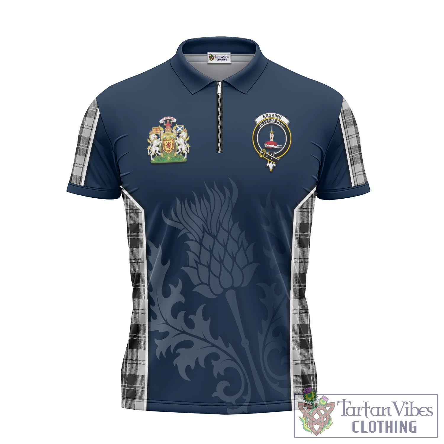 Tartan Vibes Clothing Erskine Black and White Tartan Zipper Polo Shirt with Family Crest and Scottish Thistle Vibes Sport Style