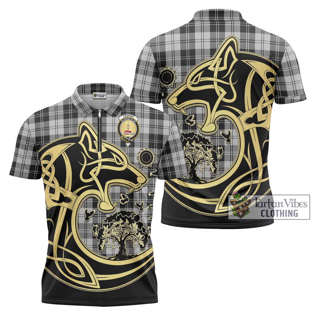 Erskine Black and White Tartan Zipper Polo Shirt with Family Crest Celtic Wolf Style Unisex - Tartanvibesclothing Shop