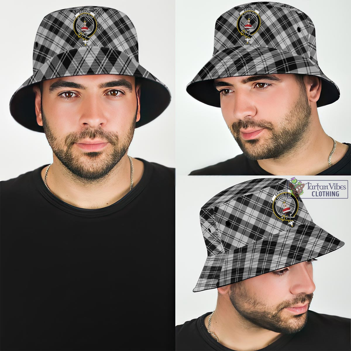 Tartan Vibes Clothing Erskine Black and White Tartan Bucket Hat with Family Crest