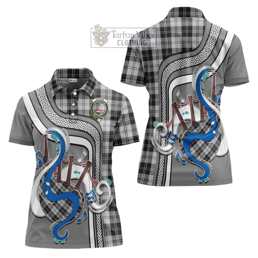 Erskine Black and White Tartan Women's Polo Shirt with Epic Bagpipe Style Women - Tartanvibesclothing Shop