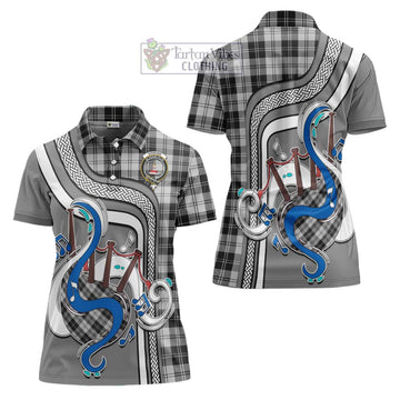 Erskine Black and White Tartan Women's Polo Shirt with Epic Bagpipe Style