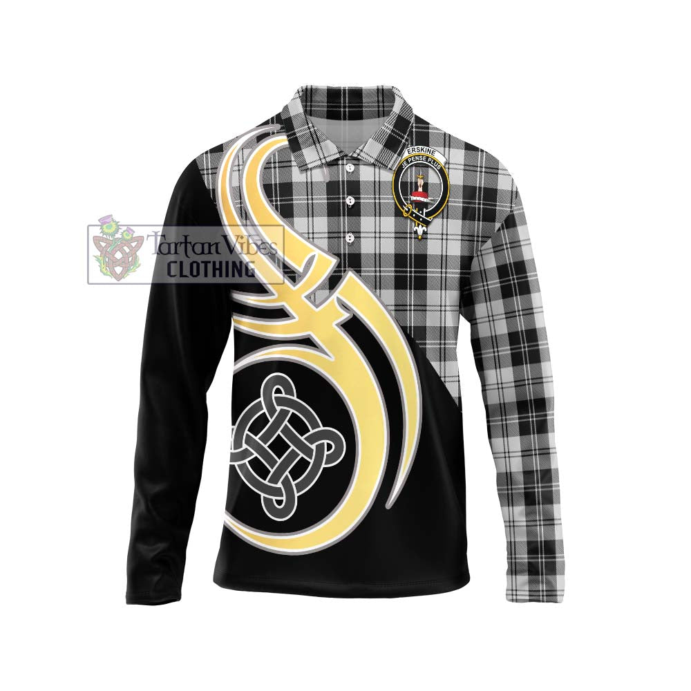 Erskine Black and White Tartan Long Sleeve Polo Shirt with Family Crest and Celtic Symbol Style Unisex - Tartan Vibes Clothing