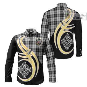 Erskine Black and White Tartan Long Sleeve Button Shirt with Family Crest and Celtic Symbol Style