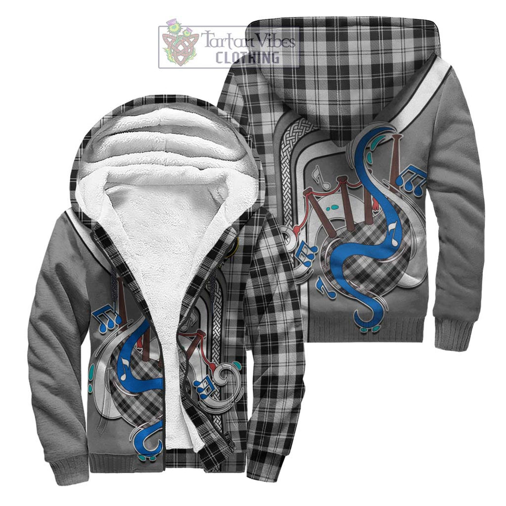 Erskine Black and White Tartan Sherpa Hoodie with Epic Bagpipe Style Unisex S - Tartanvibesclothing Shop