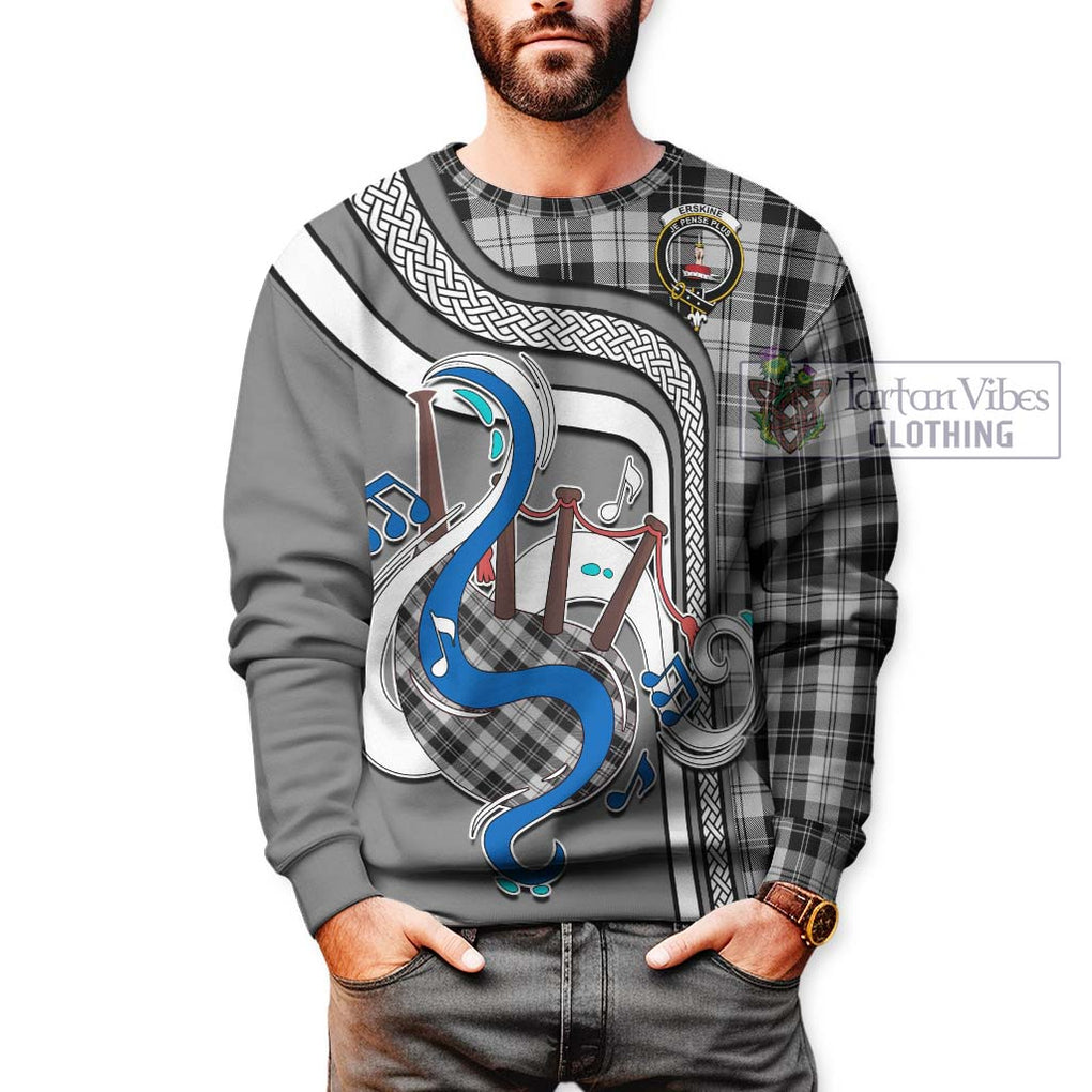 Erskine Black and White Tartan Sweatshirt with Epic Bagpipe Style Unisex - Tartanvibesclothing Shop